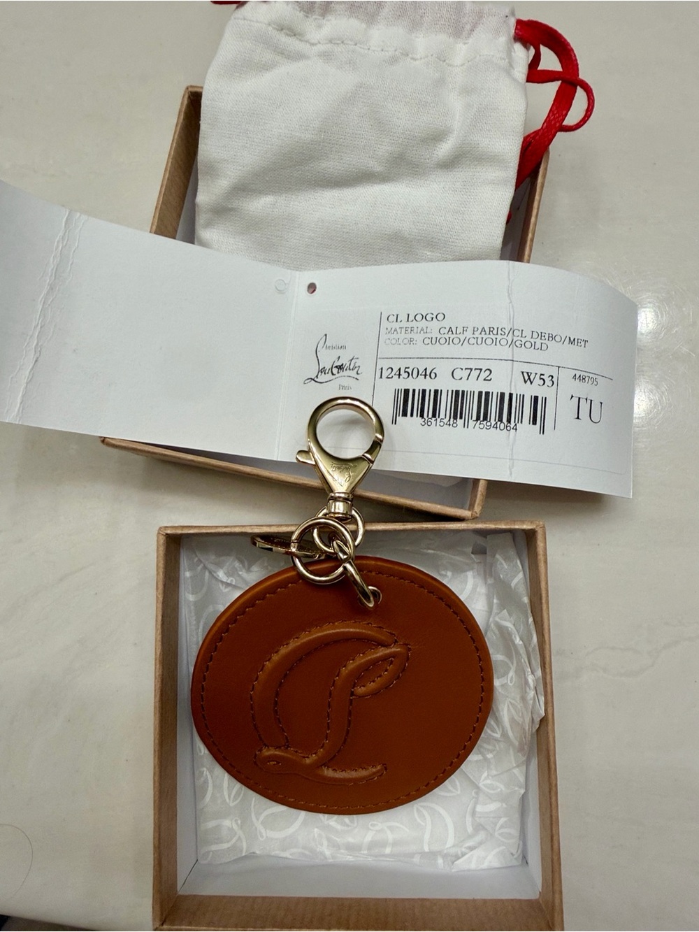 Christian Louboutin Tan Leather Embossed Logo Keyring bag charm